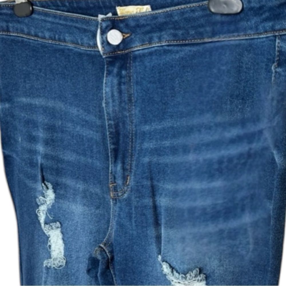 Dark Wash Distressed Flare Jeans | High Rise Stretch | Raw Hem | Plus Size | NWT - Picture 7 of 16
